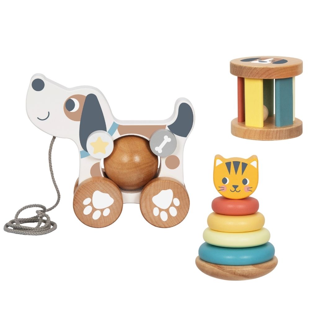 3-in-1 Wooden Toy Gift Set - Rattle, Stacking Tower and Pull-Along Puppy - Tooky Toy