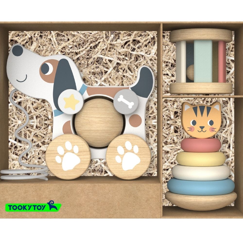 3-in-1 Wooden Toy Gift Set - Rattle, Stacking Tower and Pull-Along Puppy - Tooky Toy