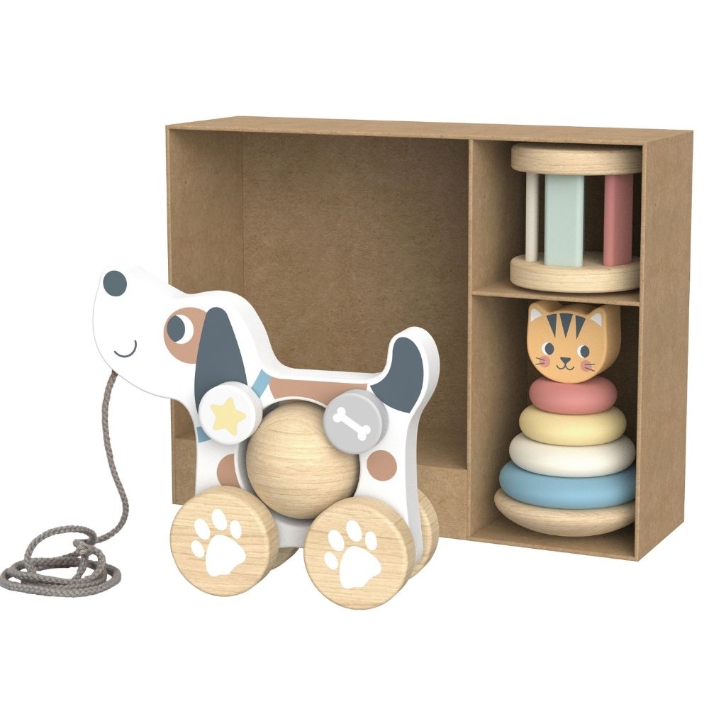 3-in-1 Wooden Toy Gift Set - Rattle, Stacking Tower and Pull-Along Puppy - Tooky Toy
