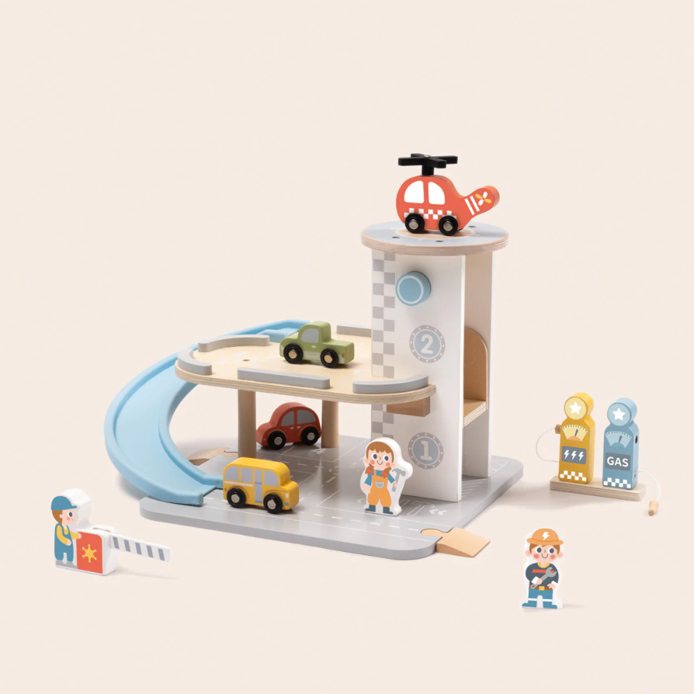 Parking Garage: Wooden Car Ramp Playset - 13pcs - Tooky Toy