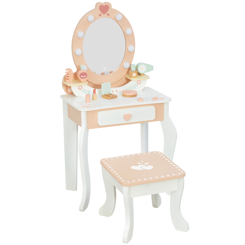 Wooden Vanity Table with Light-Up Mirror & Stool- Tooky Toy