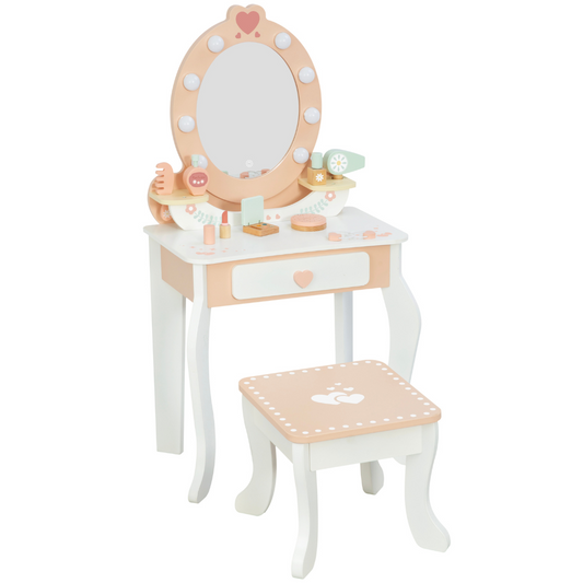 Wooden Vanity Table with Light-Up Mirror & Stool- Tooky Toy