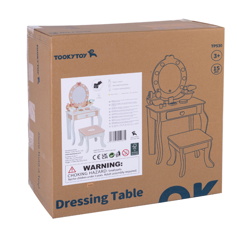 Wooden Vanity Table with Light-Up Mirror & Stool- Tooky Toy