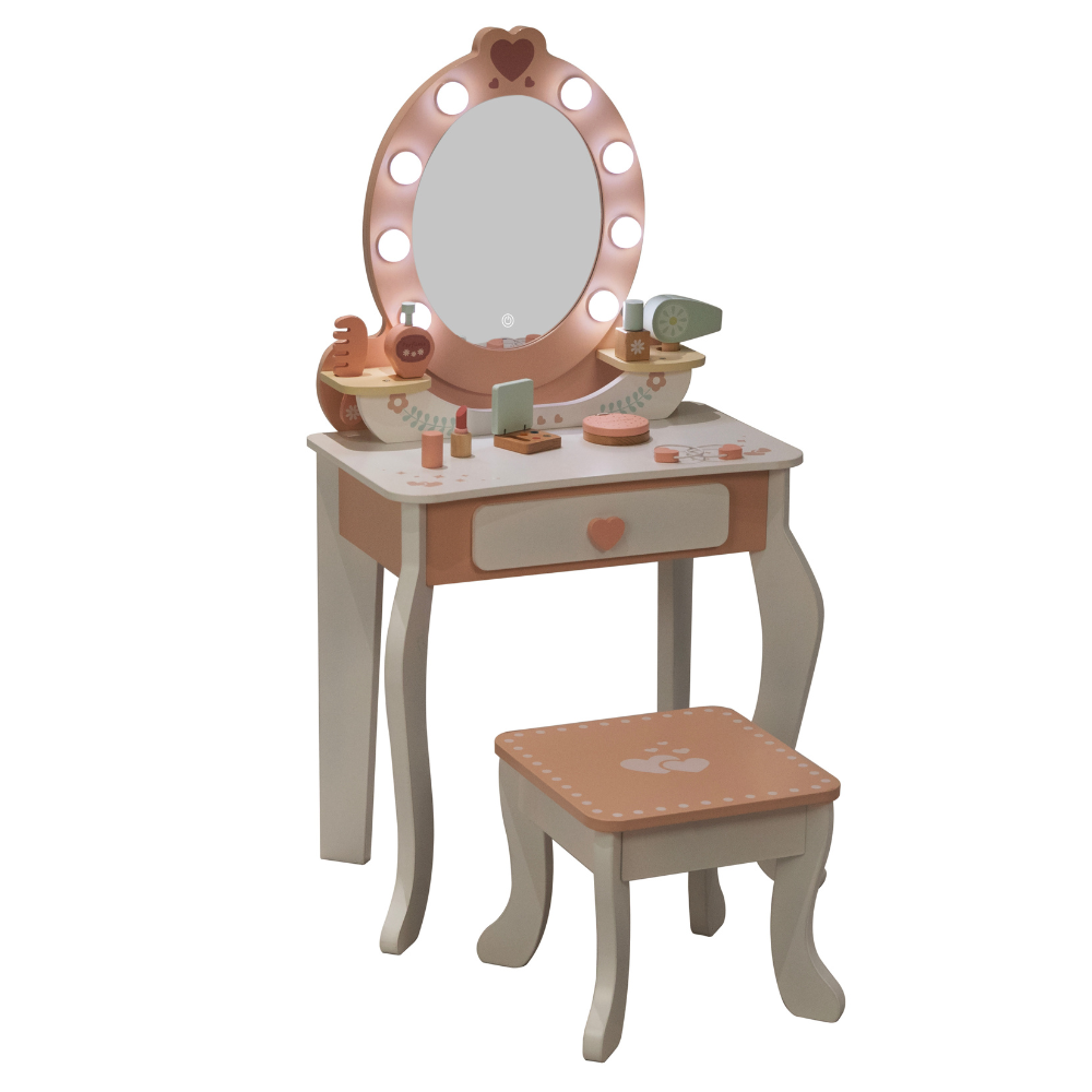 Wooden Vanity Table with Light-Up Mirror & Stool- Tooky Toy